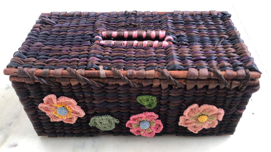 Handmade Water Reed's Tissue box with Delicate Crochet Embellishment, Brown Color