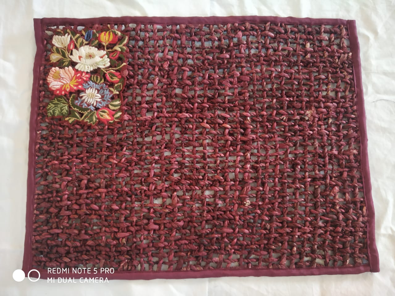 Handmade with Banana Fiber Placemats with Embroidery. Marron Color