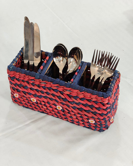 Water Reed Cutlery Stand with Embroidery (Red & Blue Color)