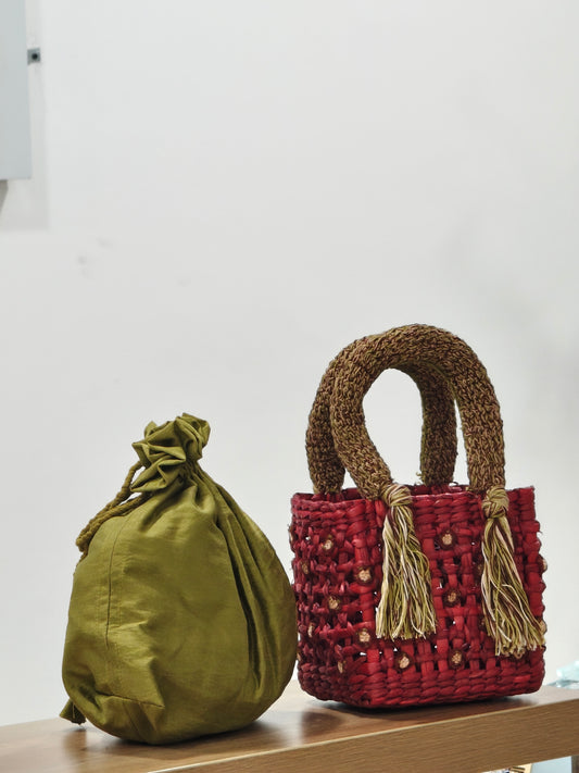 Water Reed Small Red Handbag with Embroidery & Crosia Work