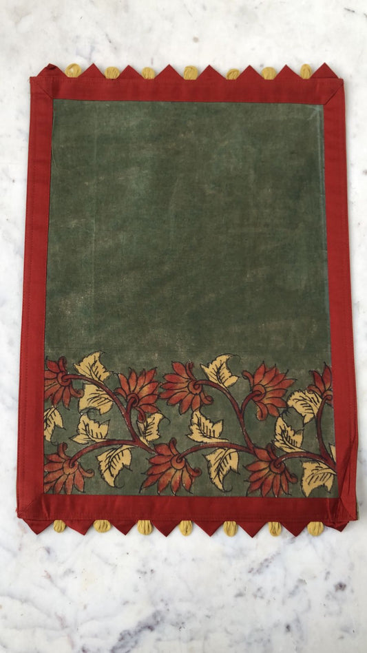Kalamkari on Mehandi Color Placemats with Red & Yellow Flowers