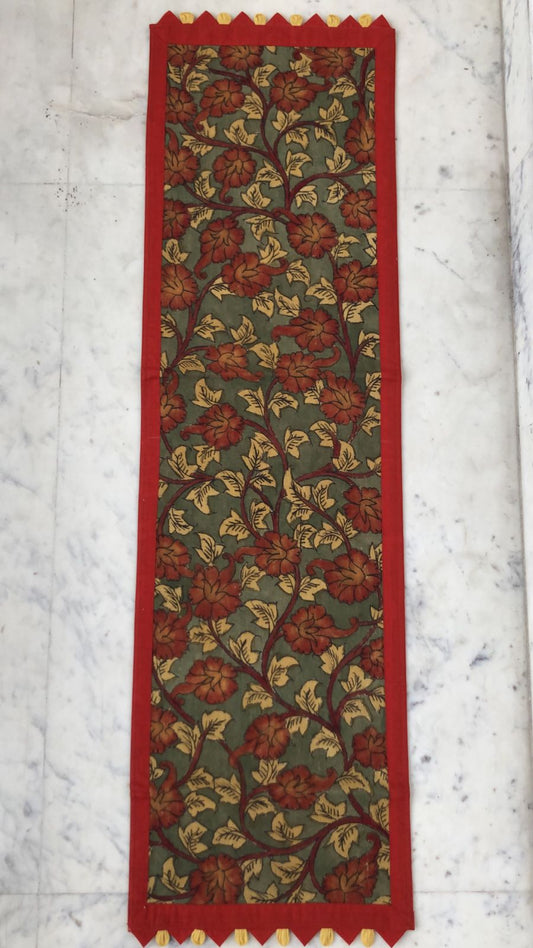 Kalamkari on Mehandi Color Runner with Red Flowers
