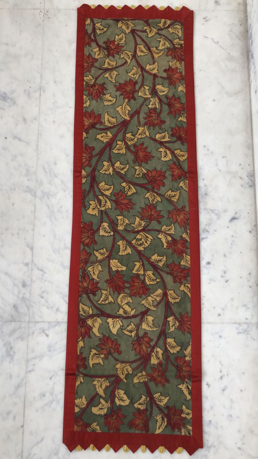 Kalamkari on Mehandi Color Runner with Red Flowers