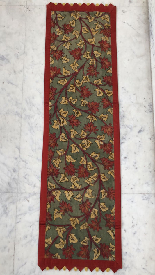 Kalamkari on Mehandi Color Runner with Red Flowers