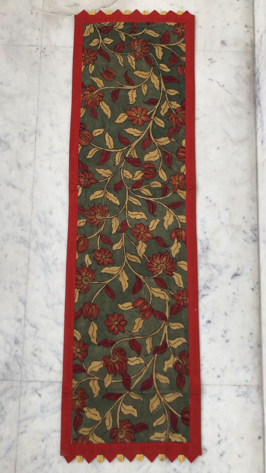 Kalamkari on Light Yellow Color Runner with Green Flowers
