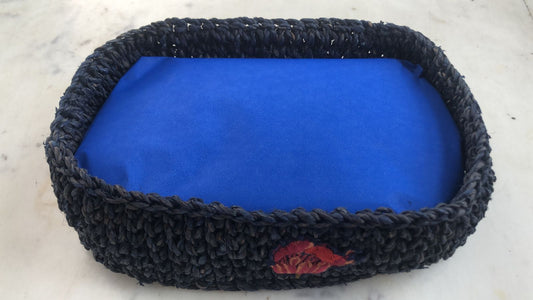 Natural Fiber Basket with Embroidery, Navy Blue Color