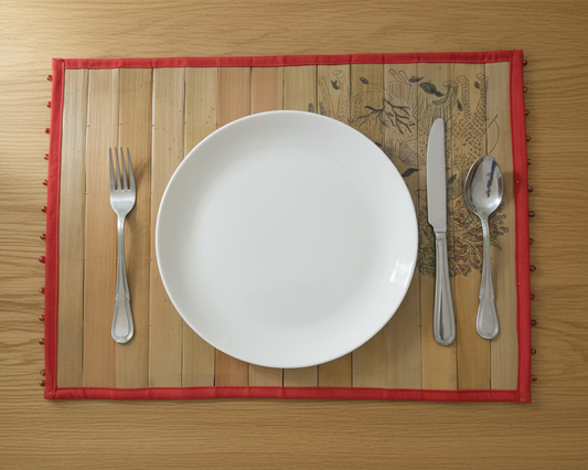 Palm Leaf Placemats with Red Border and Pearls. With Colorful Design in Corner Side.