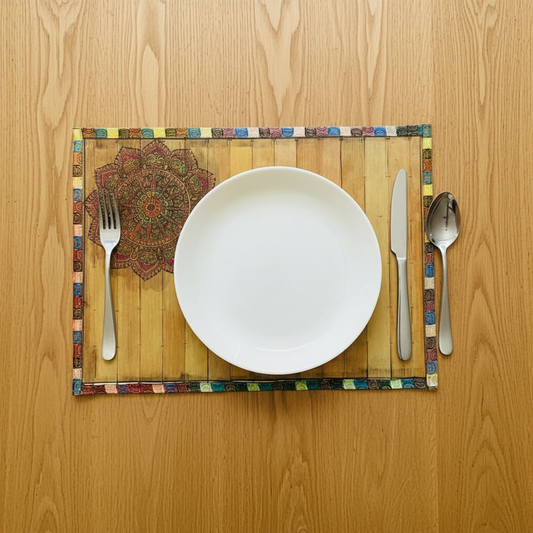 Palm Leaf Placemats with Multi Color Border. With Colorful Design in Corner Side.