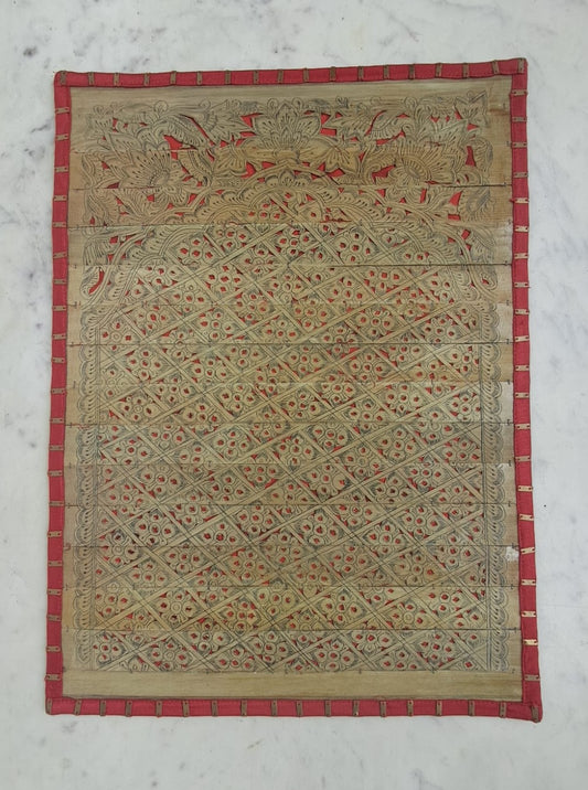 Palm Leaf Placemats with Red Colored Borders with Brass Stripe.