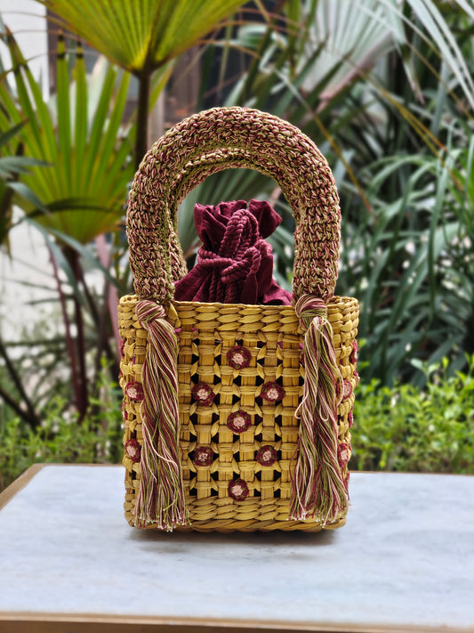 Water Reed Yellow Small Handbag with Embroidery & Crosia Work