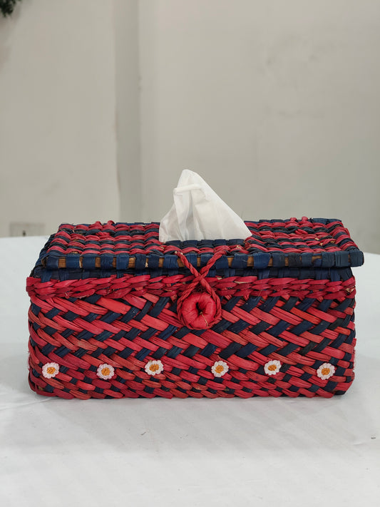 Water Reed Tissue Box with Embroidery (Red & Blue Color)
