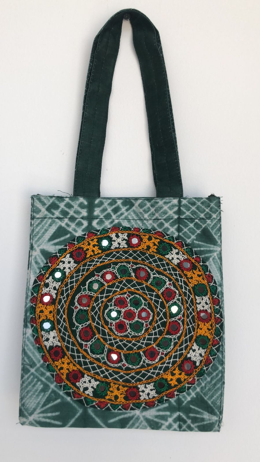 Shibori Bag with Mirror Work. Green Color