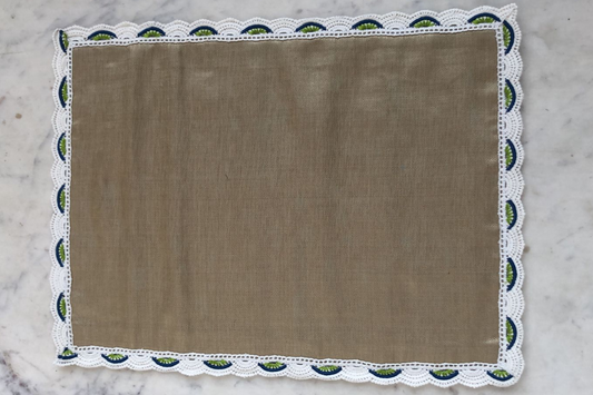 Silk Placemats Edged with Blue & Light Green Embroidery on Lace