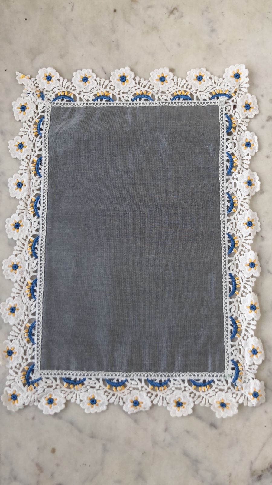 Silk Placemats Edged with Yellow & Sky-Blue Embroidery on Lace