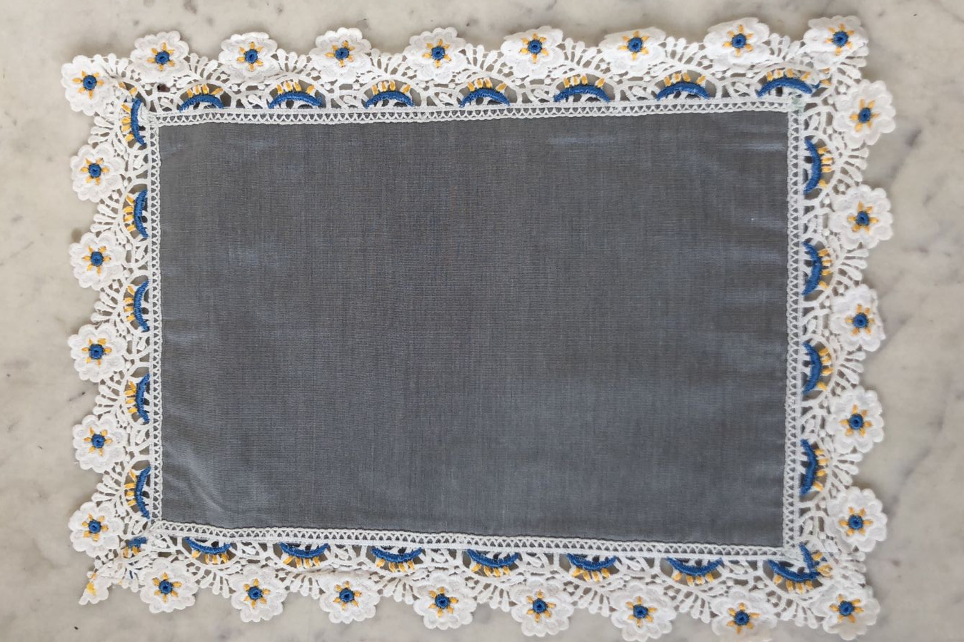 Silk Placemats Edged with Yellow & Sky-Blue Embroidery on Lace