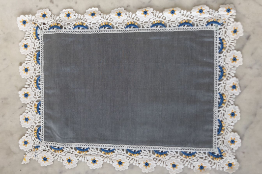 Silk Placemats Edged with Yellow & Sky-Blue Embroidery on Lace