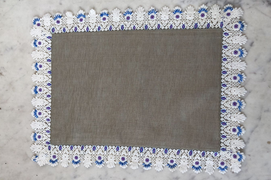 Silk Placemats Edged with  Sky Blue & Light Purple Embroidery on Lace