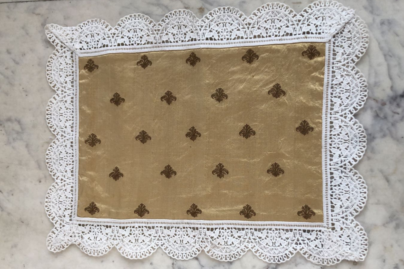 Victorian Brown & Green Embroidery on Silk Placemats with Very Fine Lace Edging