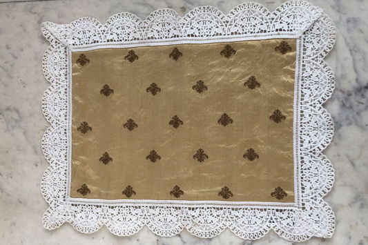 Victorian Brown & Green Embroidery on Silk Placemats with Very Fine Lace Edging