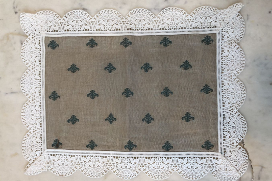 Victorian Green Embroidery on Silk Placemats with Fine Lace Edging