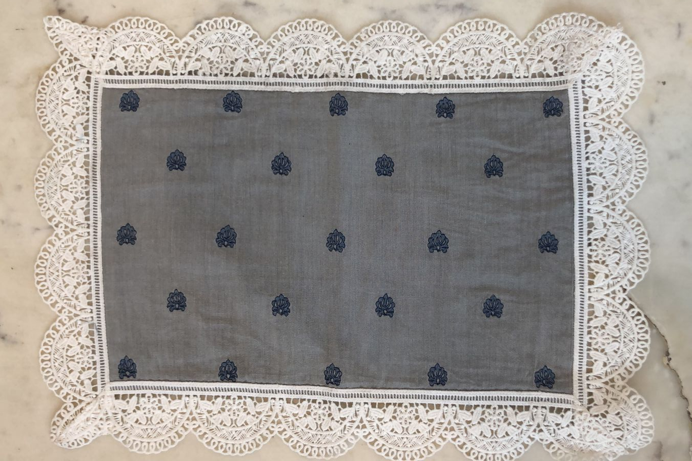 Victorian Blue Embroidery on Silk Placemats with Fine Lace Edging